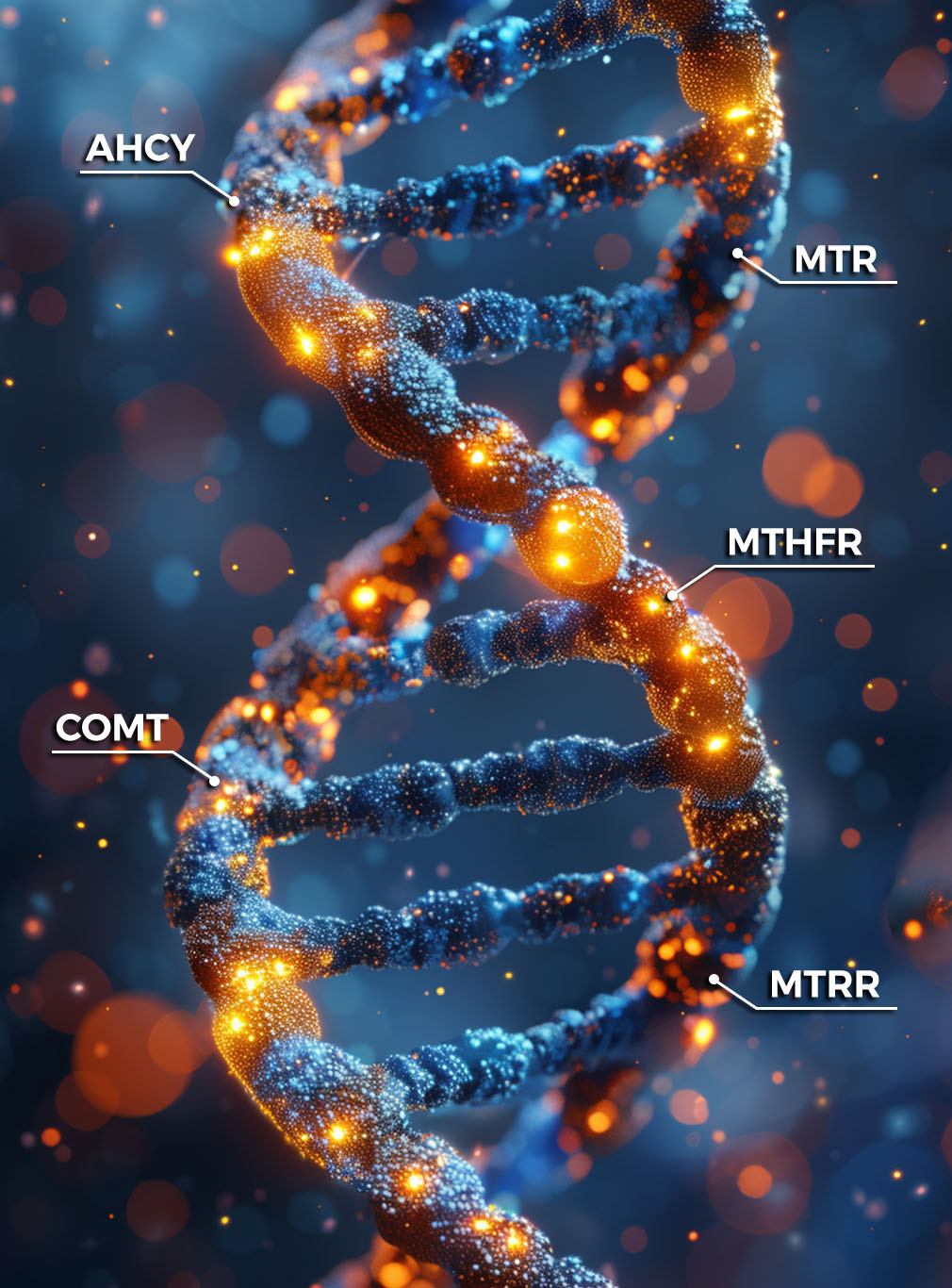 genetic-methylation-test-mthfr Genetic methylation pathway diagram showing AHCY, MTR, MTHFR, COMT and MTRR gene locations on DNA helix